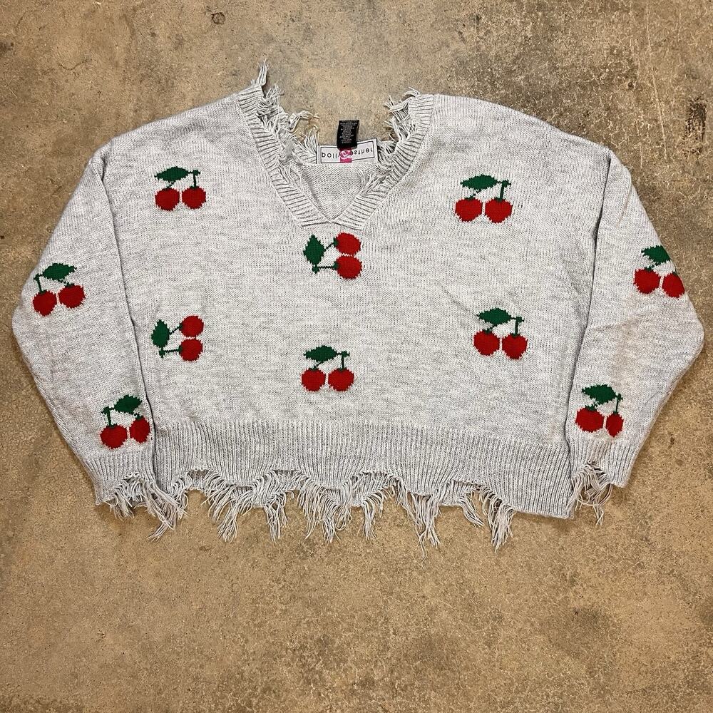 Polly Esther Cherry Cropped Sweater Grey Fringe Sweater XL